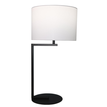 Lámpada de mesa con base redonda en forma de L de metal negro e tecido
