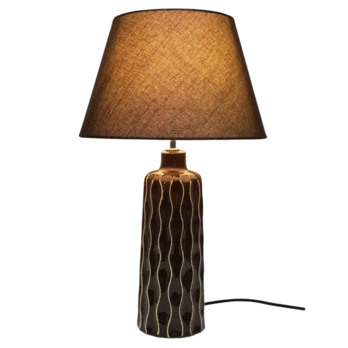 Table Lamp Brown Ceramic Wave Stripe Cone Shade