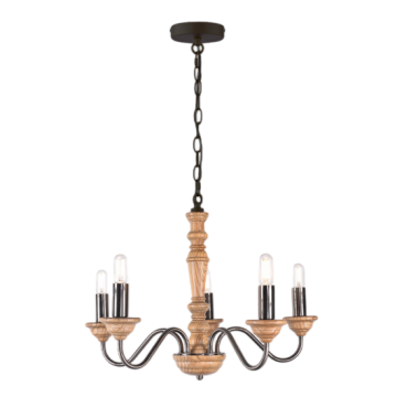 Падвесная лямпа з чорным ланцугом, драўлянай стойкай і металічнымі кранштэйнамі