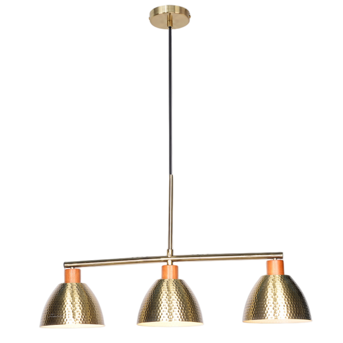 Customizable Pendant Lamp in Unified Gold with Three Hammered Shades