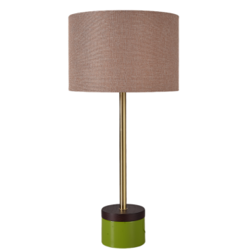 Lámpada de mesa con brazo metálico dourado axustable e pantalla de liño moderna