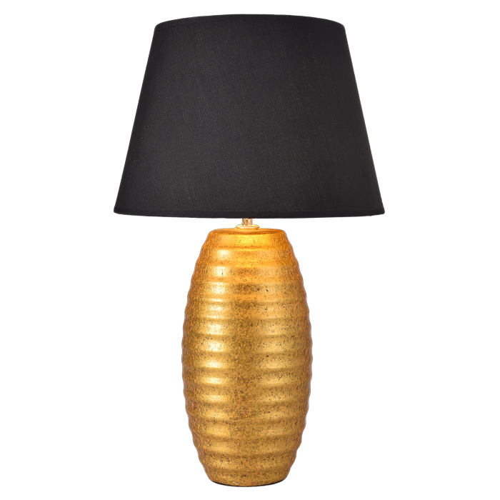 Artisan Table Lamp with Gold-Veined Ceramic Base and Black Cone Shade