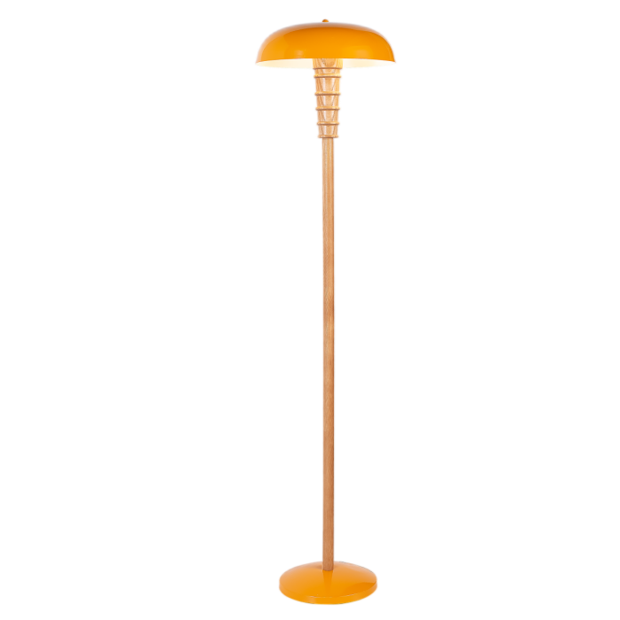 Floor Lamp Featuring Pale Wood Pole and Dual Orange Metal...