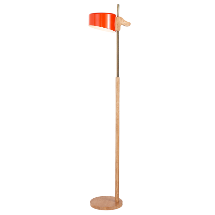 Floor Lamp with Pale Wood Base and Modern Red Metal Shade