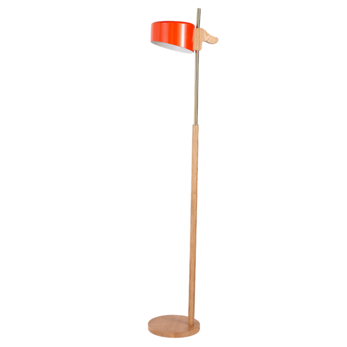Floor Lamp with Pale Wood Base and Modern Red Metal Shade