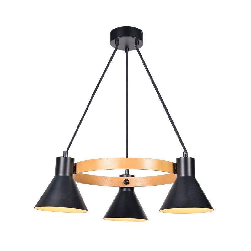 Pendant Lamp with Triple Shade and Wood Ring