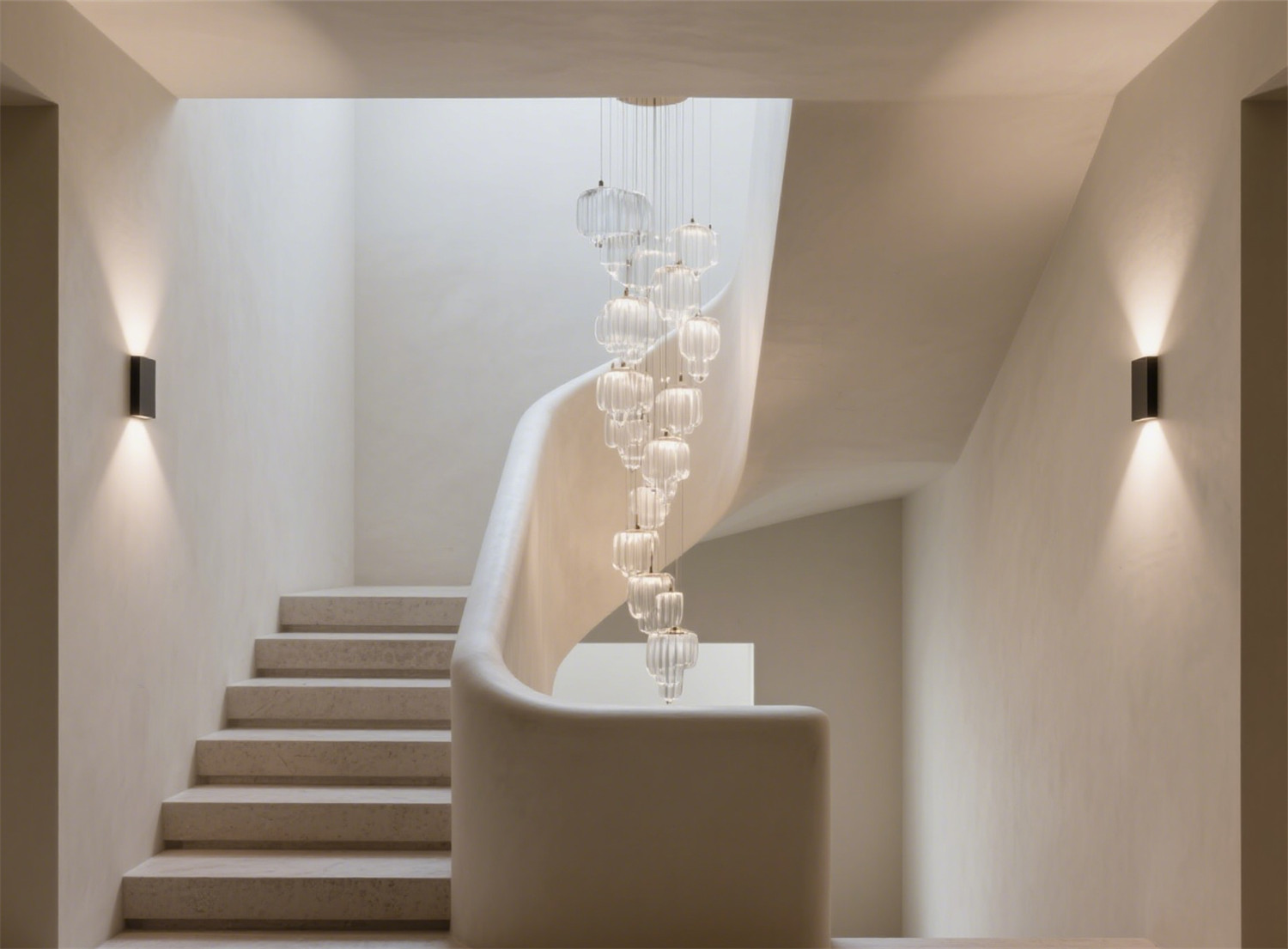a-stairwell-with-a-cascading-glass-pendant