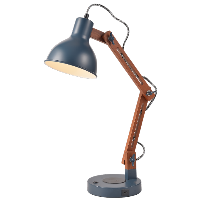 Desk Lamp, Customizable Brown Wood Arm Blue Metal Shade W...