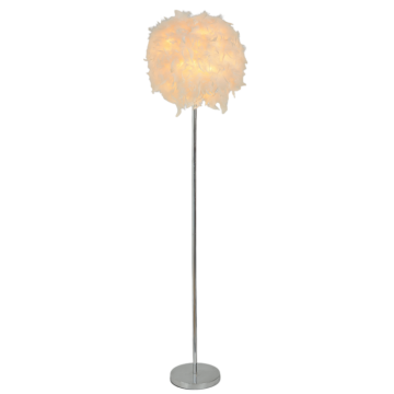 Подова лампа, персонализируем бял абажур с перо и сребриста метална основа за амбиентно вътрешно осветление