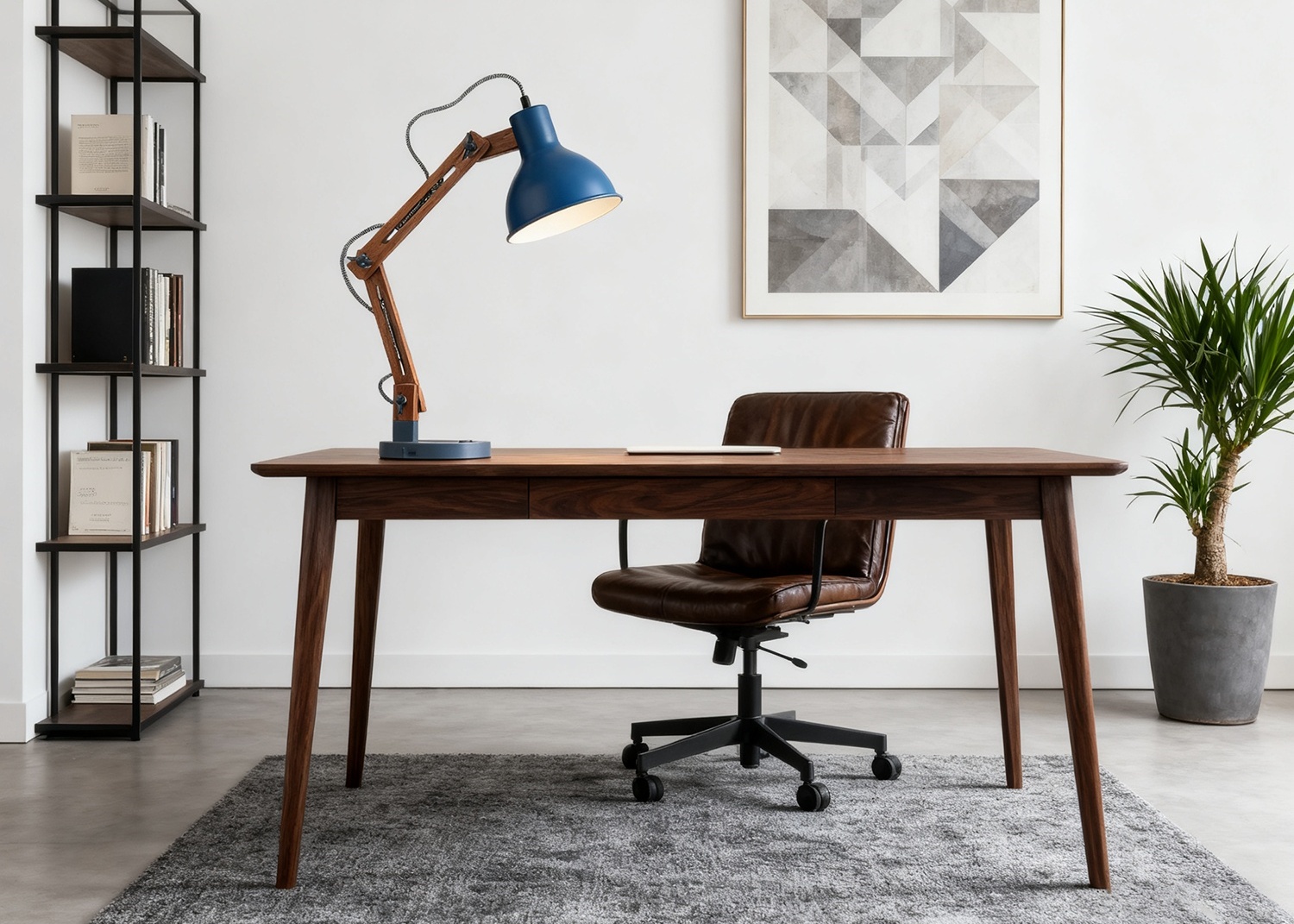 Blue Desk Lamp on Wooden Office Desk