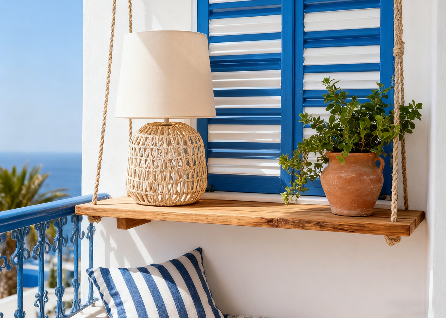 Rattan Table Lamp on Coastal Balcony
