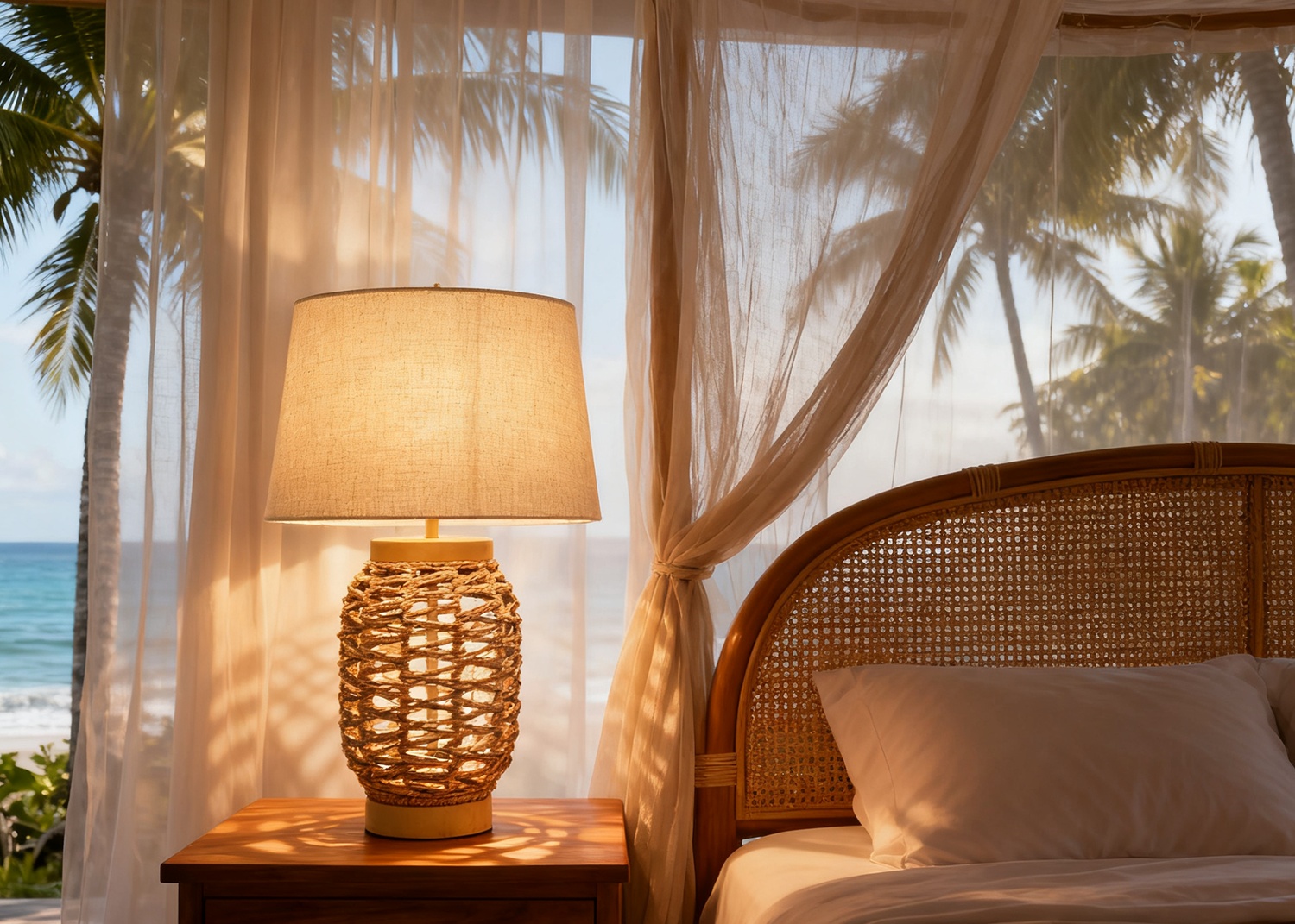 Rattan Table Lamp in Coastal Bedroom