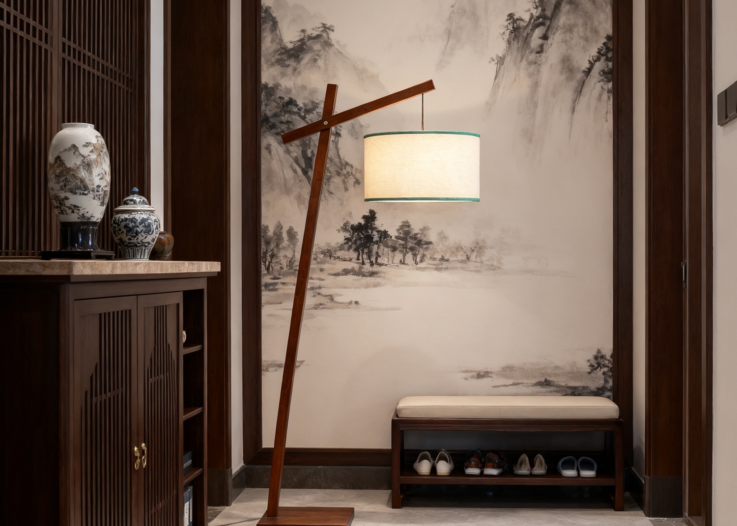 Wooden Floor Lamp in Chinese-Style Hallway