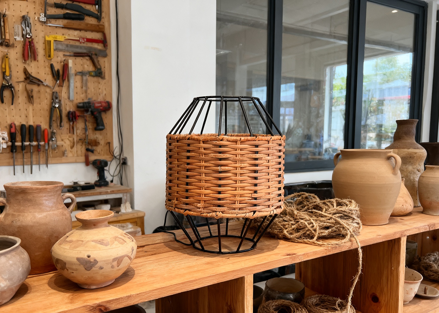 Rattan Table Lamp in Pottery Studio