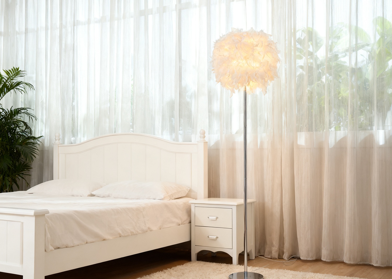 Feather Floor Lamp in Bright Bedroom