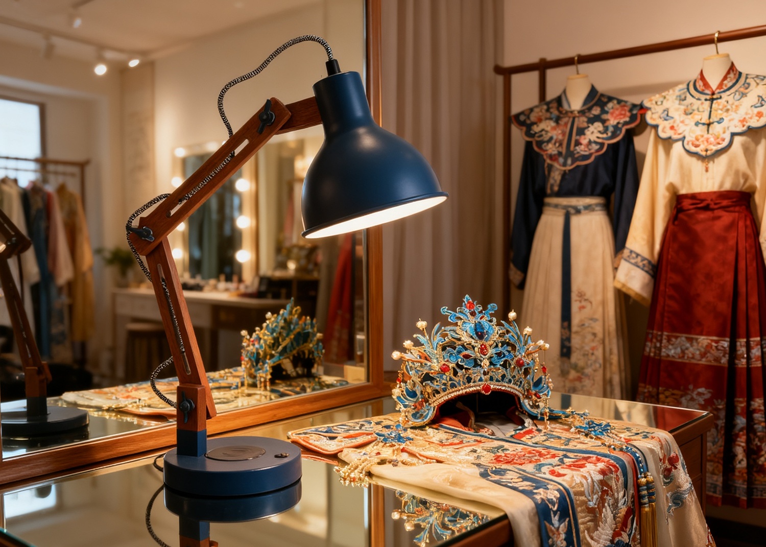 Blue Desk Lamp Illuminating Chinese Traditional Costumes and Headpiece
