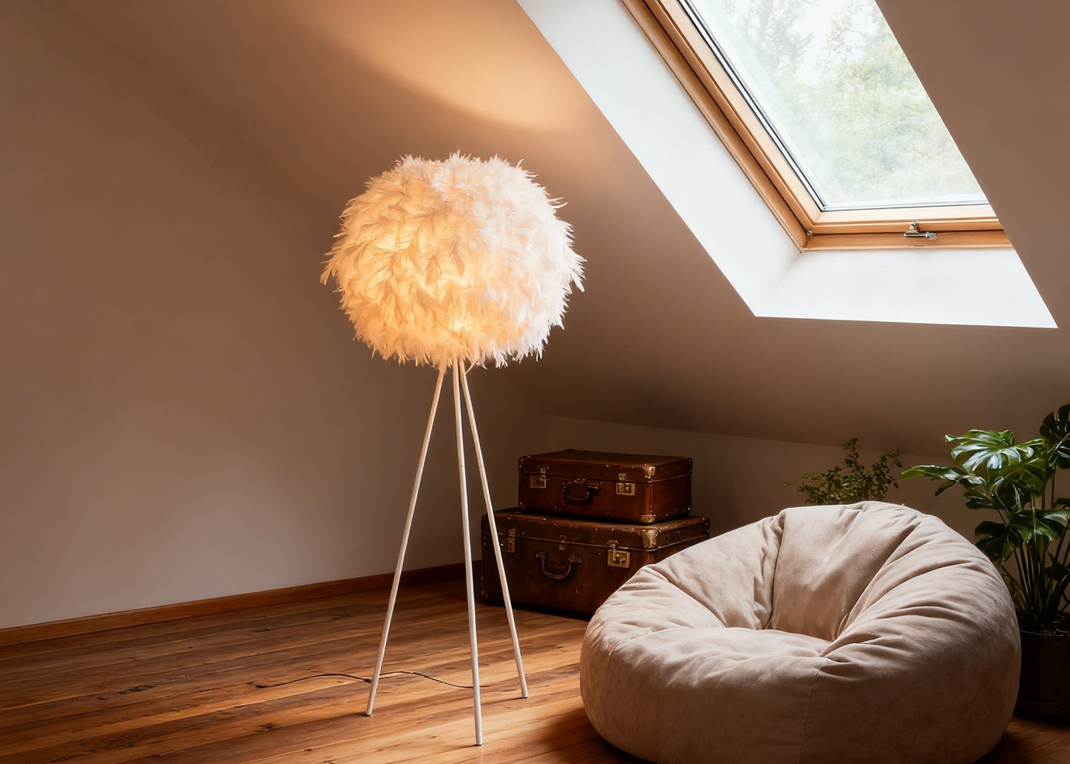 Feather Floor Lamp in Attic Room
