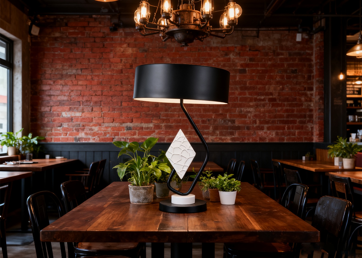 Black Modern Table Lamp in Industrial Restaurant