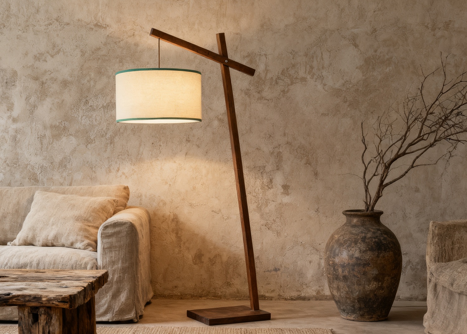 Wooden Floor Lamp in Rustic Living Room