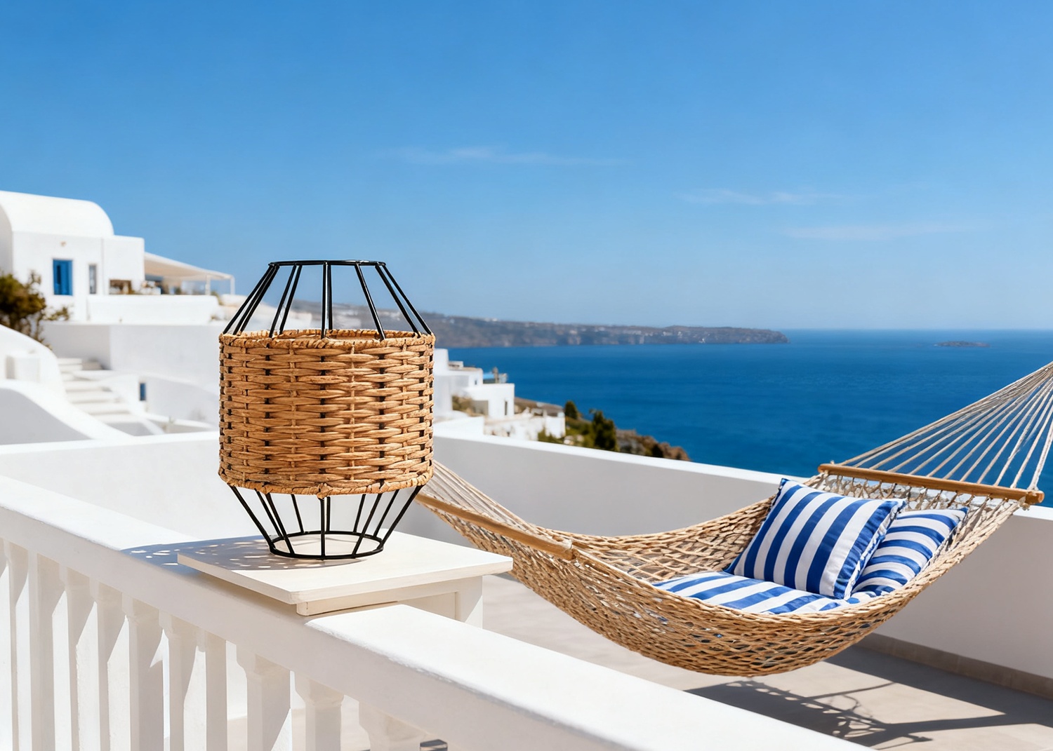 Rattan Table Lamp on Coastal Balcony