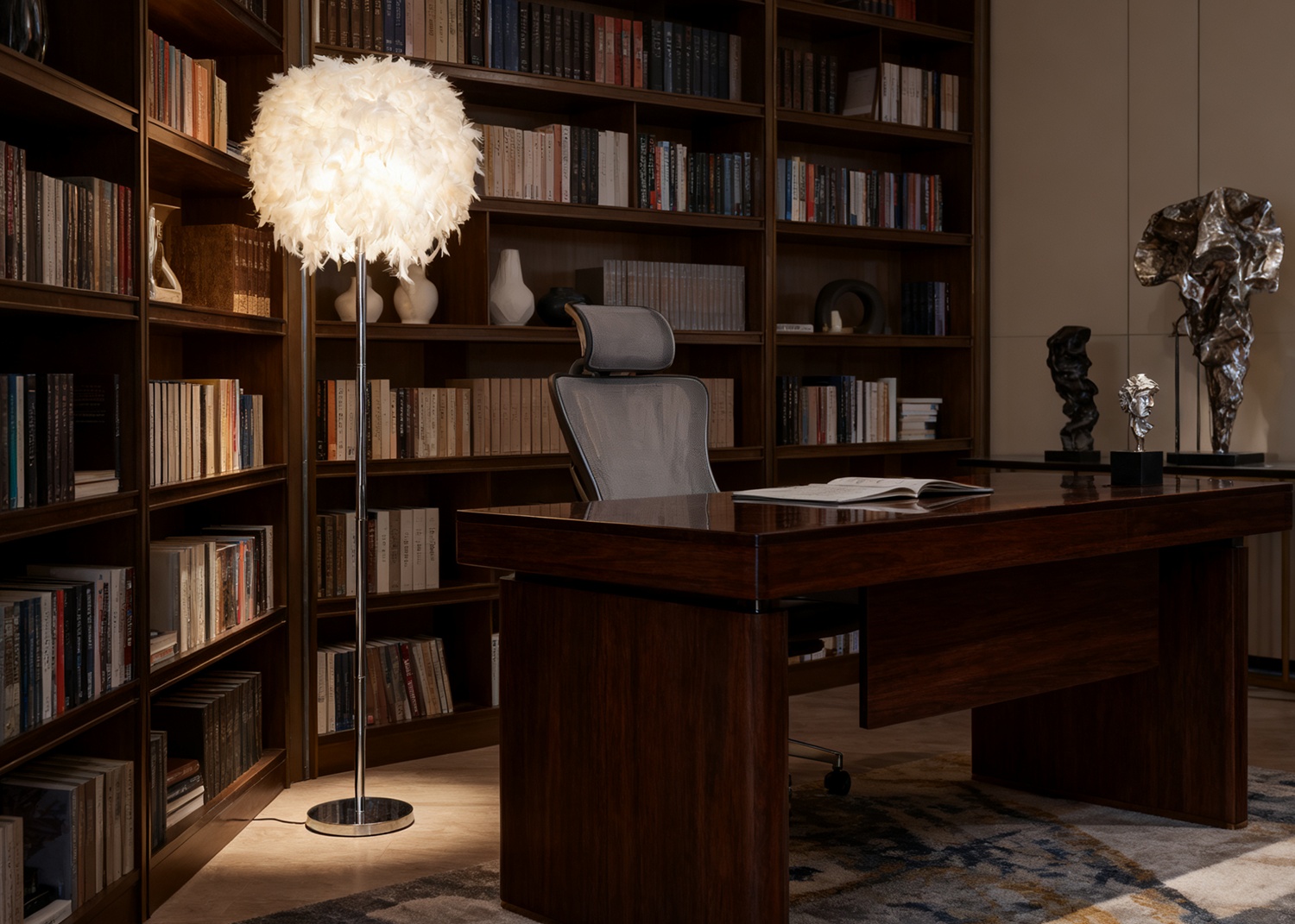 Feather Floor Lamp in Library Study