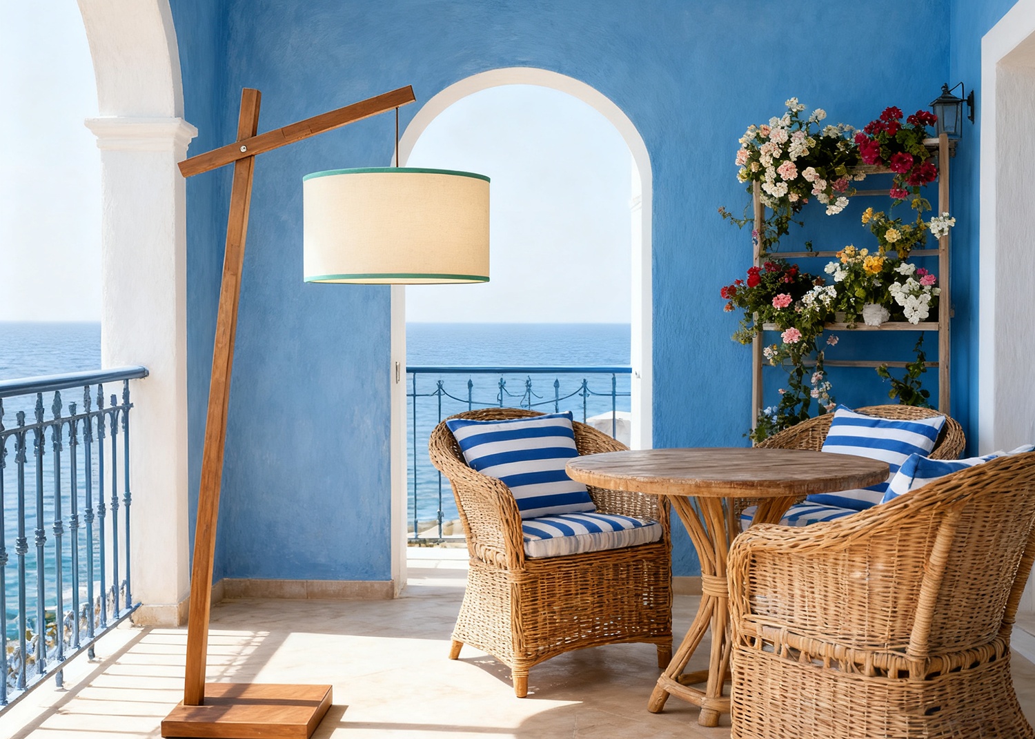 Wooden Floor Lamp on Coastal Balcony