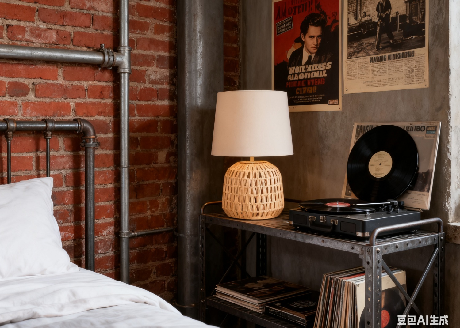 Rattan Table Lamp in Industrial Bedroom