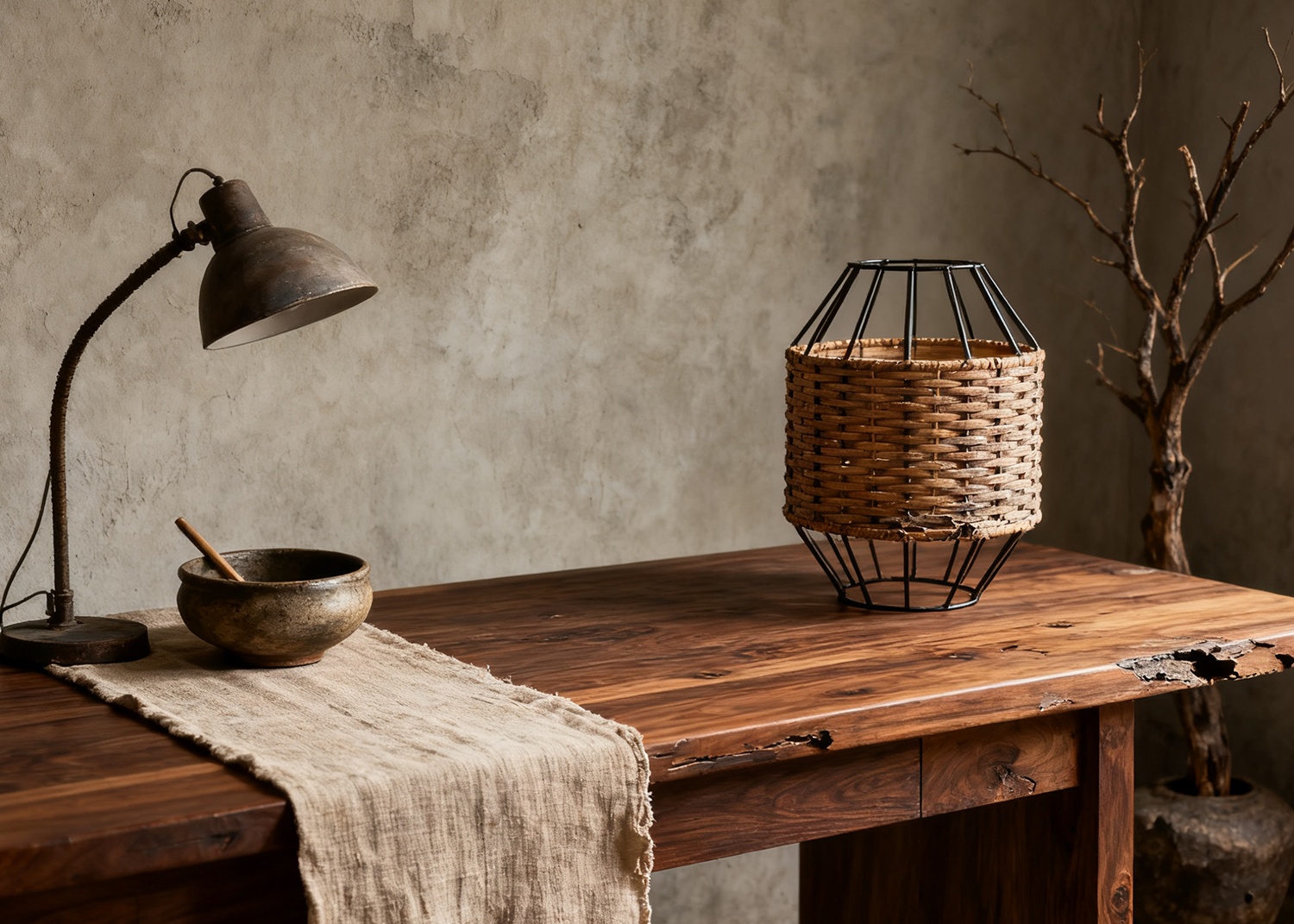 Rattan Table Lamp on Wooden Desk