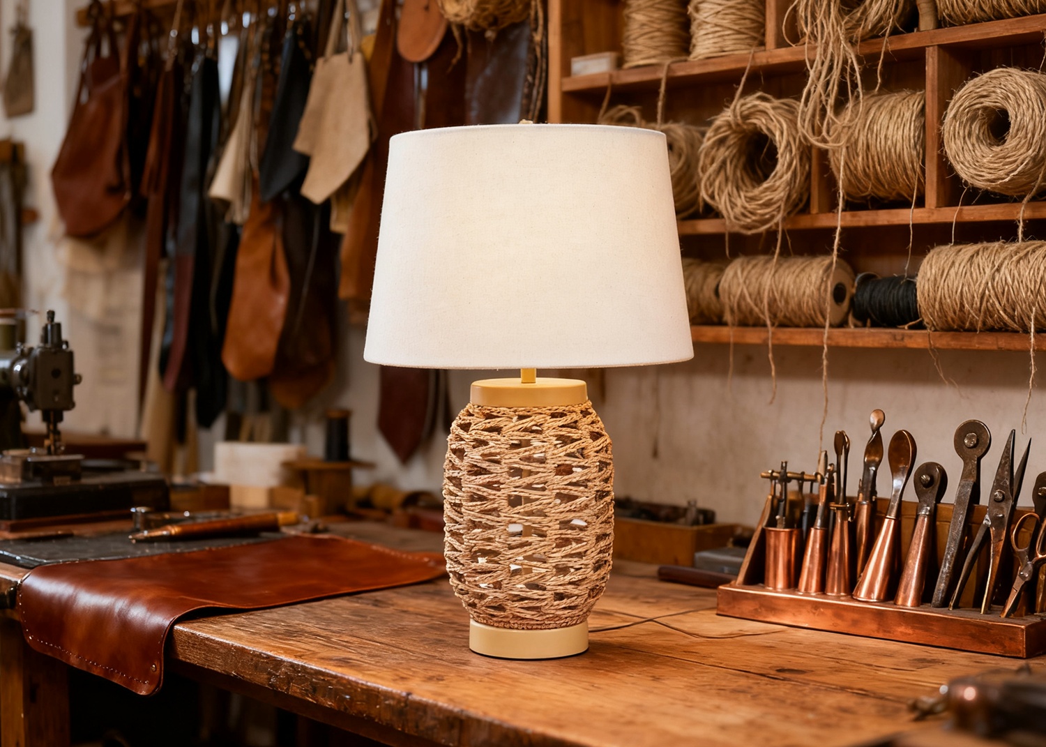 Rattan Table Lamp in Leather Workshop