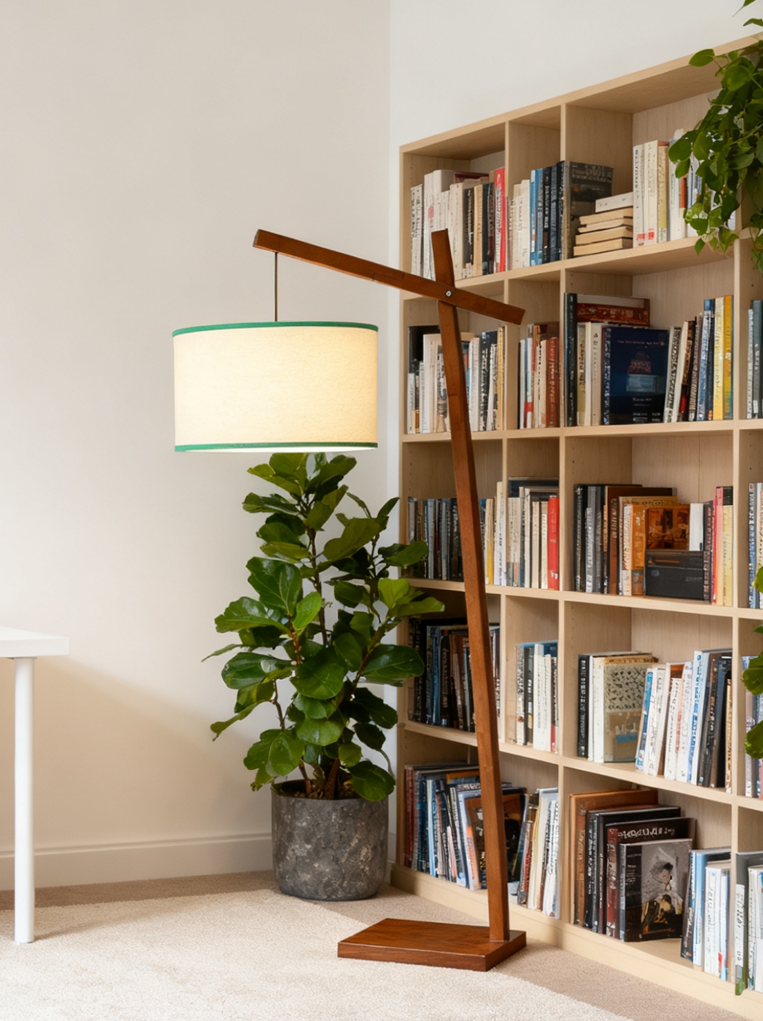 Wooden Floor Lamp by Bookshelf