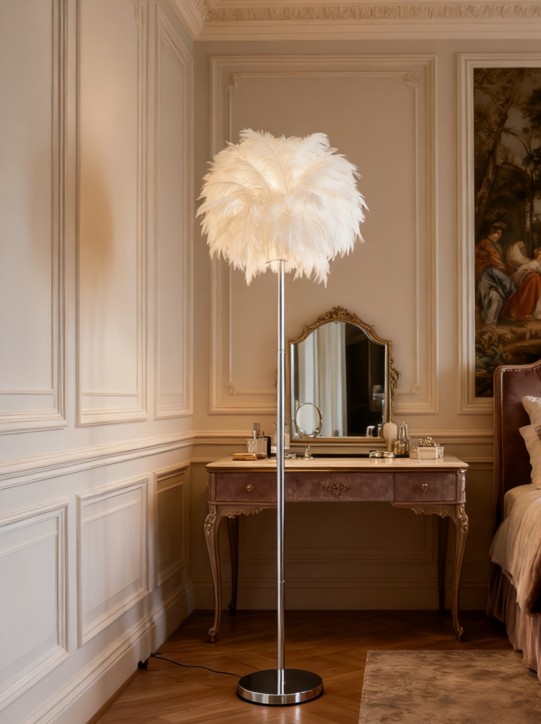 Feather Floor Lamp in Elegant Bedroom