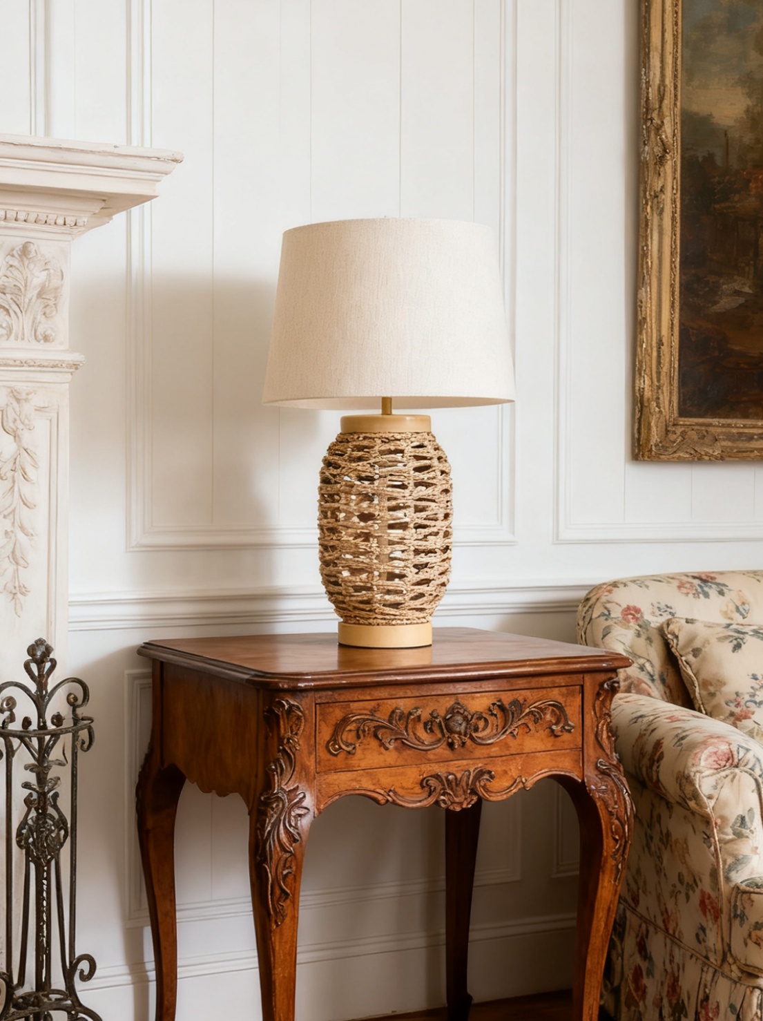 Rattan Table Lamp on Vintage Table
