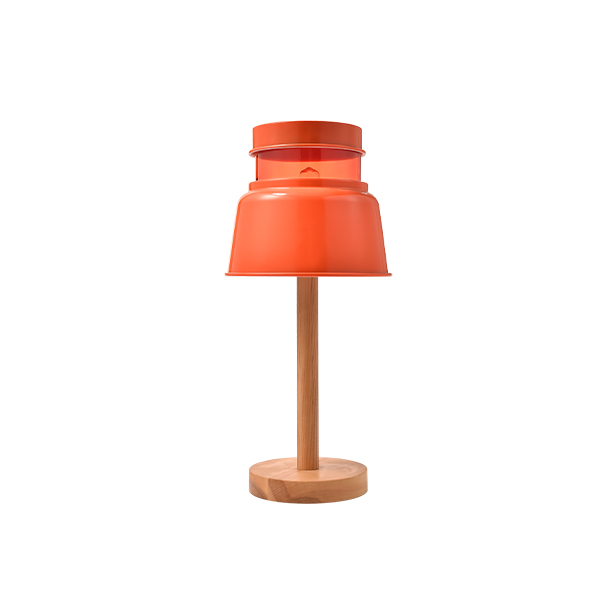 Red metal lampshade with wooden lamp post desk lamp