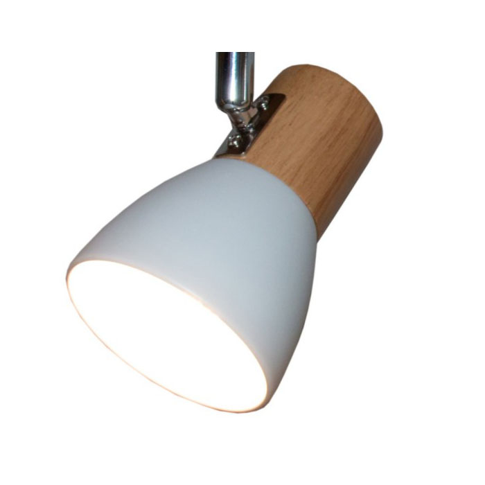 White lampshade, wooden lamp stand with 2-lamp track ceil...