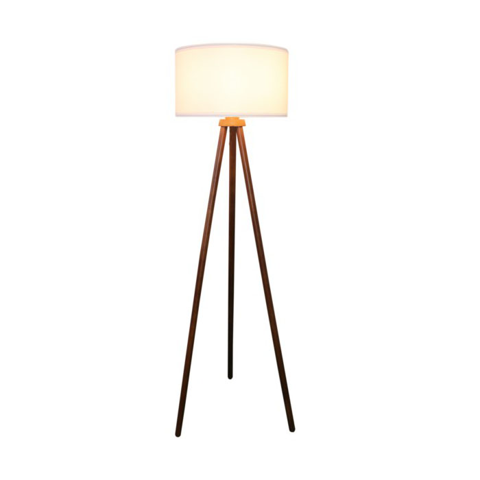 White fabric lampshade, floor lamp with wooden lamp stand