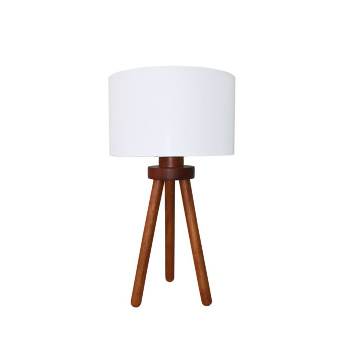 Desk lamp, white fabric lampshade with walnut colored woo...