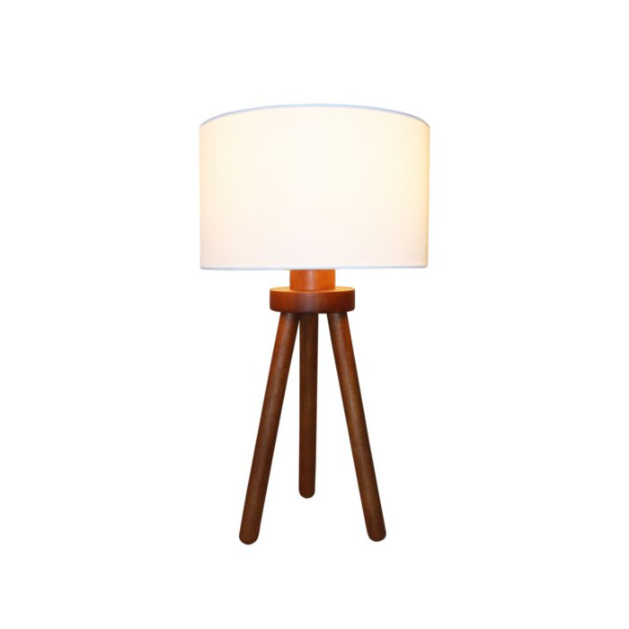 Desk lamp, white fabric lampshade with walnut colored woo...