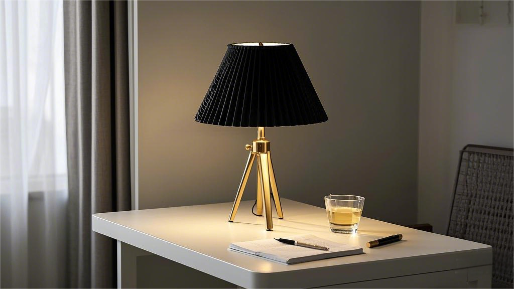 Black fabric lampshade with gold tripod desk lamp table ring lamp (2).png
