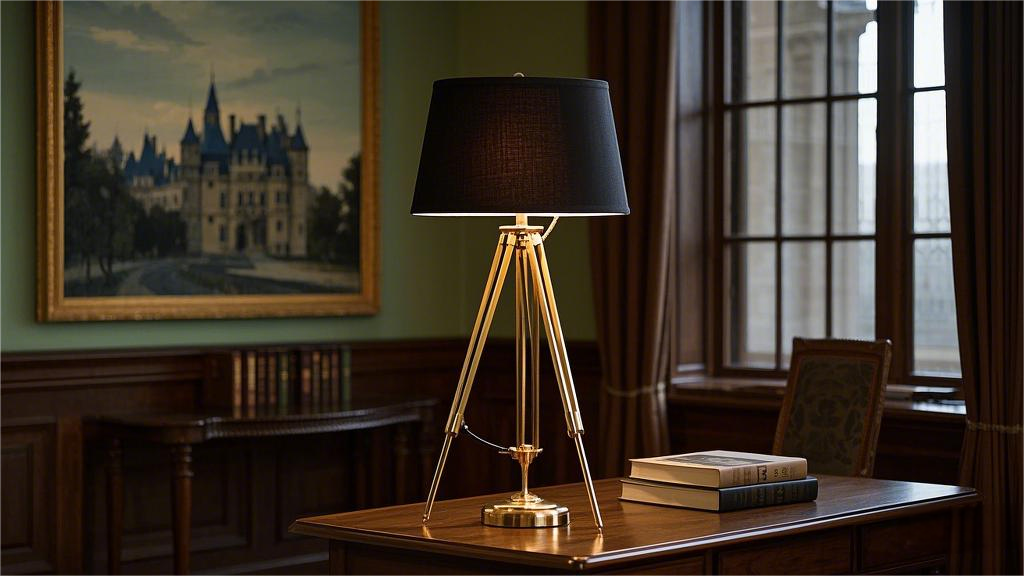 Black fabric lampshade with gold tripod desk lamp table ring lamp (3).png