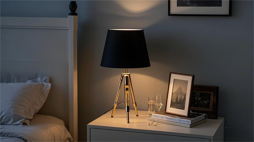 Black fabric lampshade with gold tripod desk lamp table ring lamp (4).png