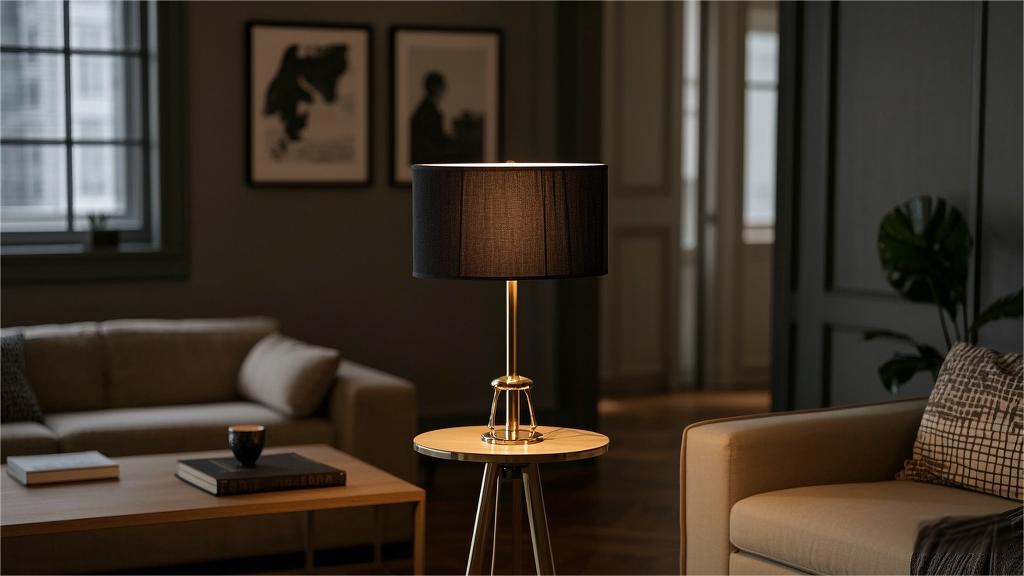 Black fabric lampshade with gold tripod desk lamp table ring lamp (5).png