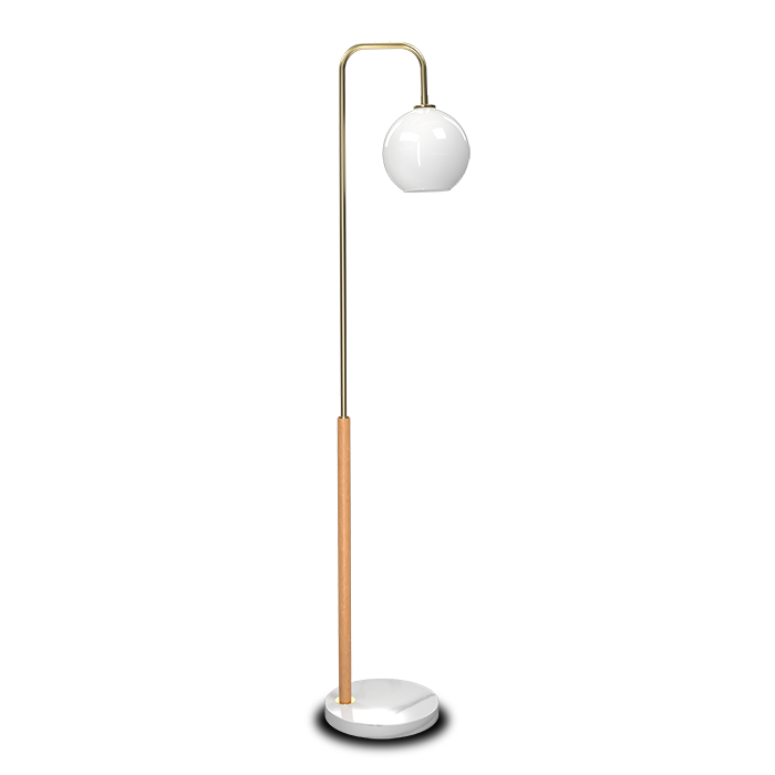 Floor lamp, White glass lampshade and curved wooden lamp ...