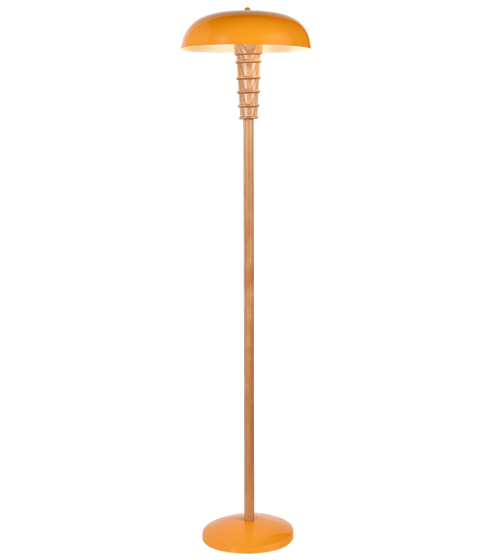 Floor Lamp with Wooden Column and Metal Drum Shade