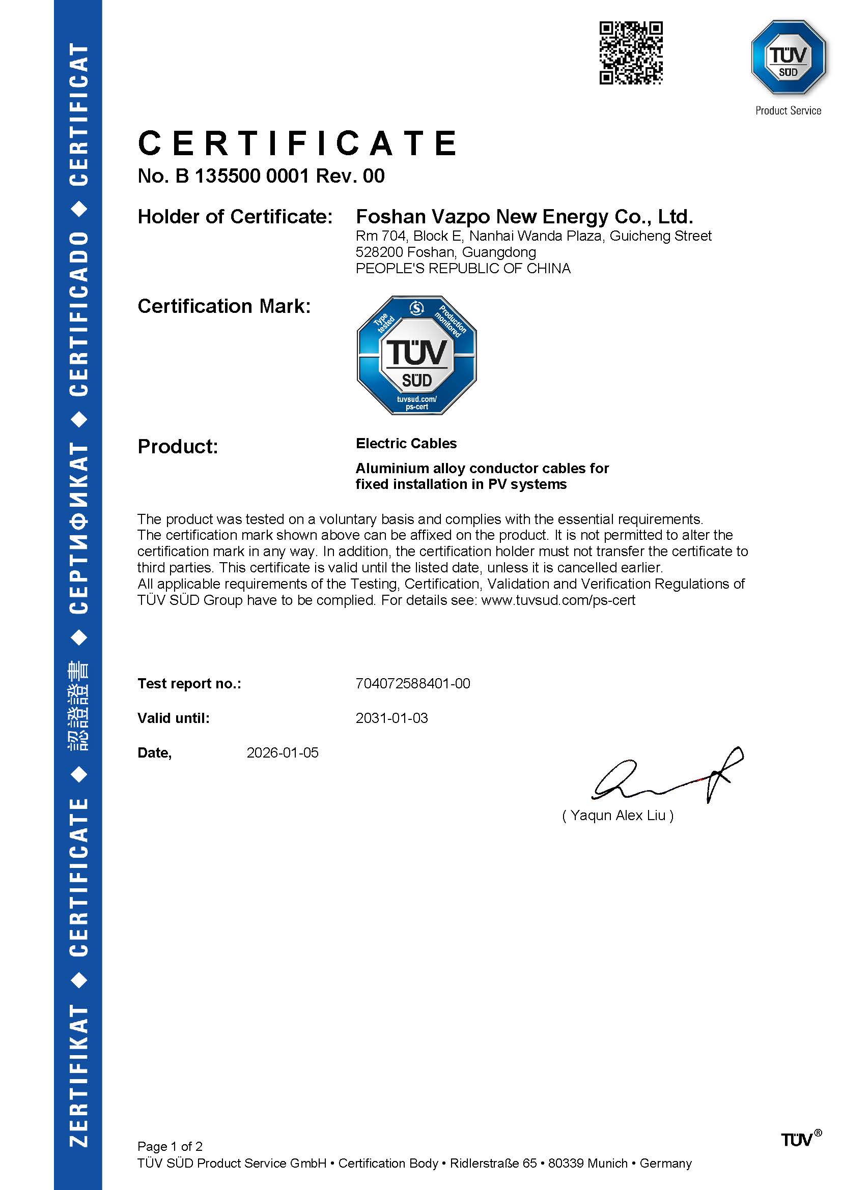 CERTIFICATION TUV PV 1500DC-AL