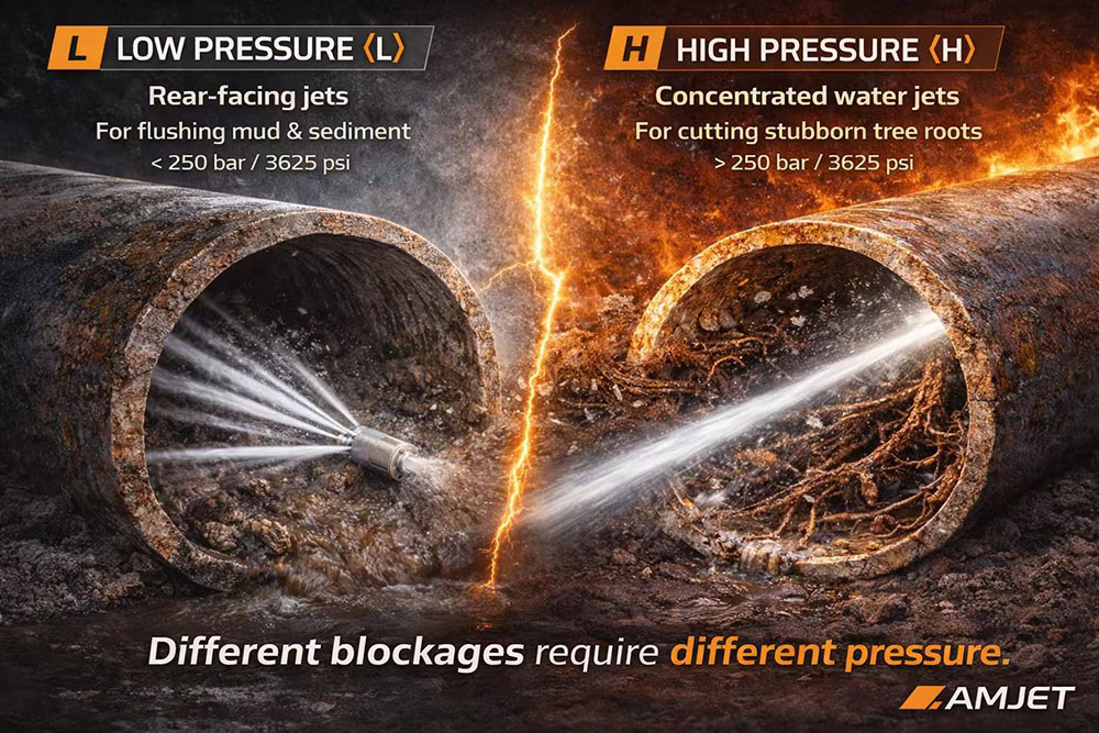 Low pressure vs high pressure sewer jetter comparison diagram showing blockage cleaning differences.jpg