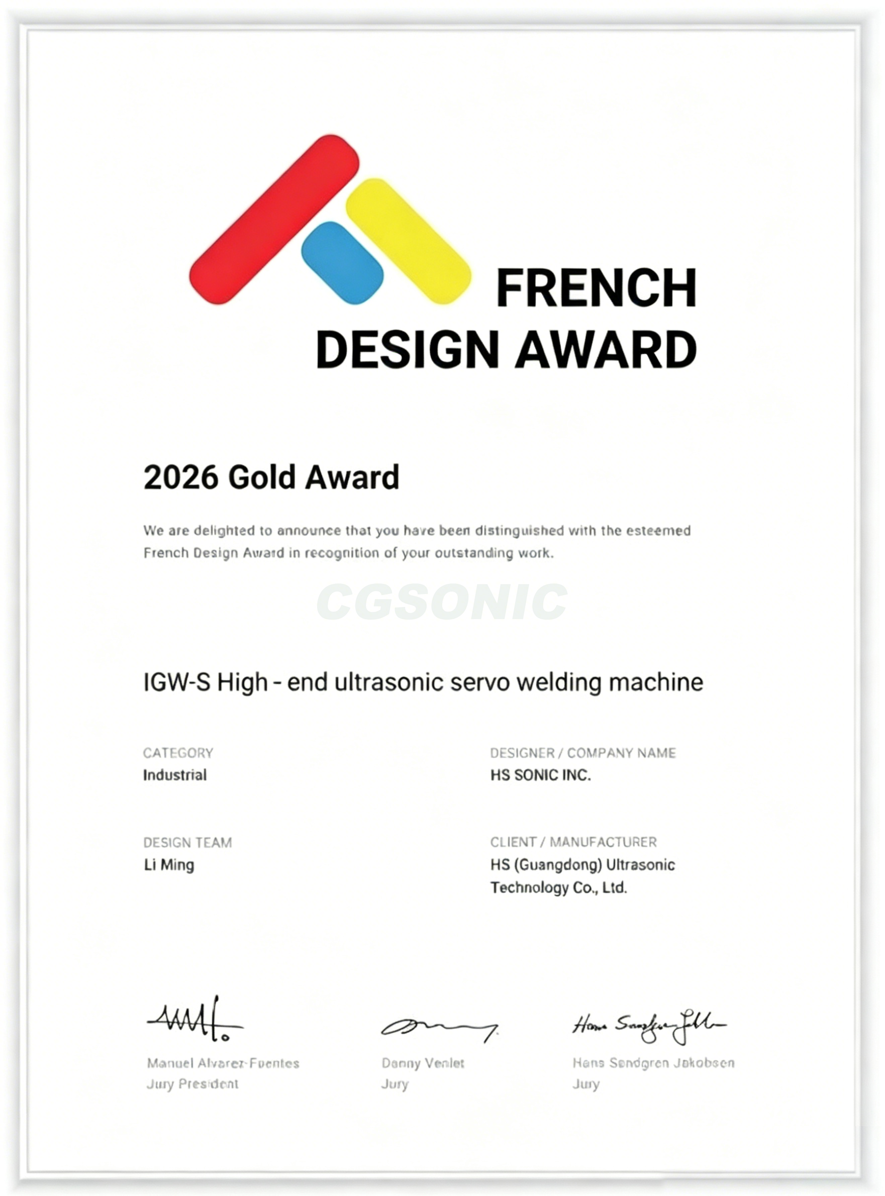 Goed nieuws! De IGW-S, een hoogwaardige servogestuurde ultrasone lasmachine van HS SONIC, heeft de Gouden Prijs gewonnen tijdens de French Design Award 2026.