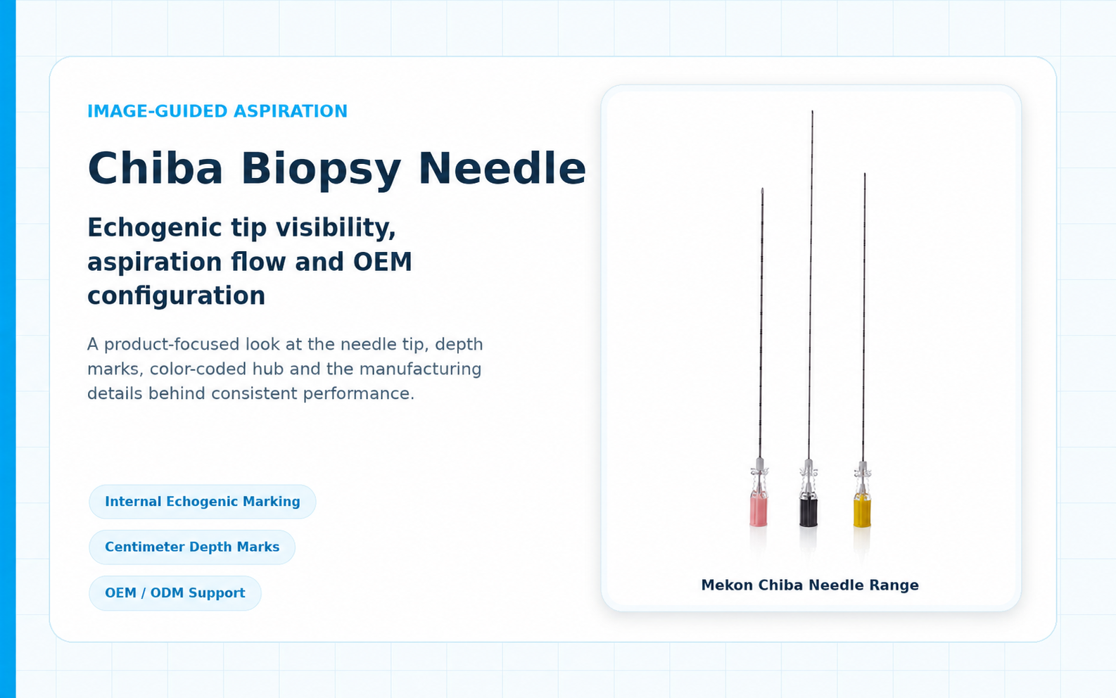 Mekon Chiba biopsy needles with echogenic tips and color-coded hubs