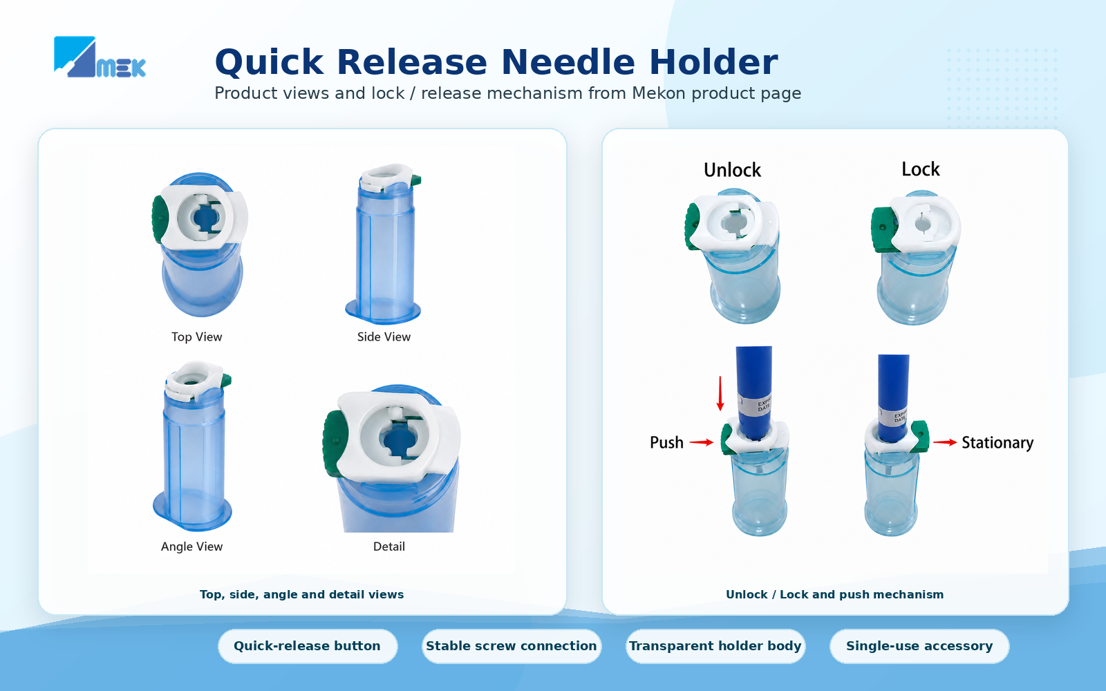Quick release needle holder attach draw release workflow