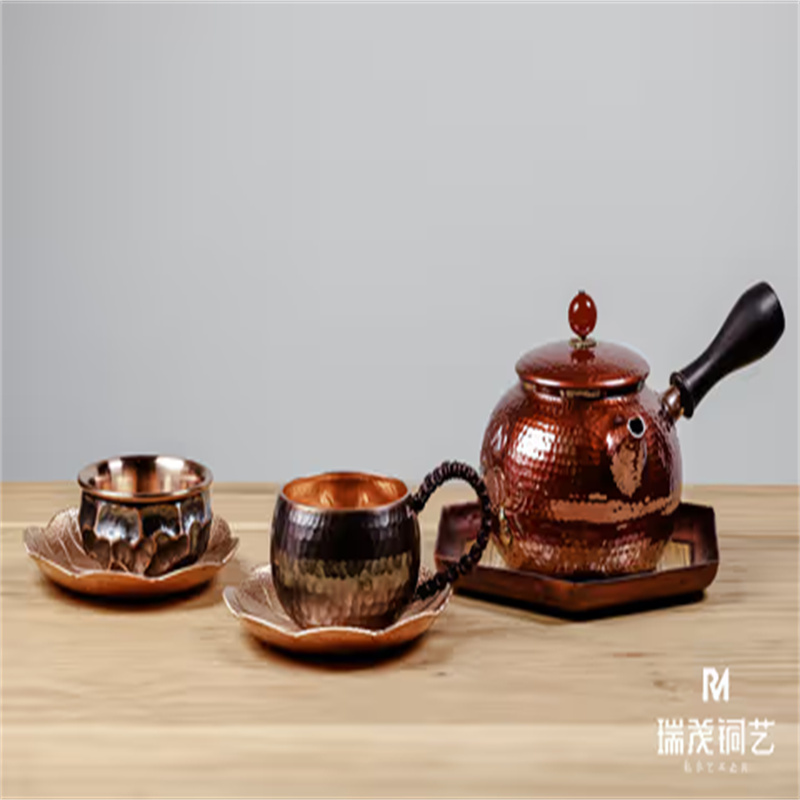Handmade Purple Copper Tea Set: Artisan Hammered Teapot & 2 Cups