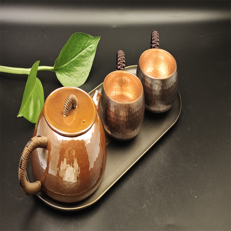 99.9% Pure Copper Handmade Hammered Texture Lotus Relief Tea Set (1 Teapot + 2 Cups + Two-Tone Tray)
